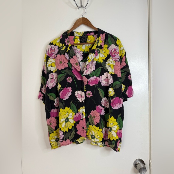 Johnny Was Jade, floral, silk, pink green, yellow short sleeve button down top L - Picture 1 of 5
